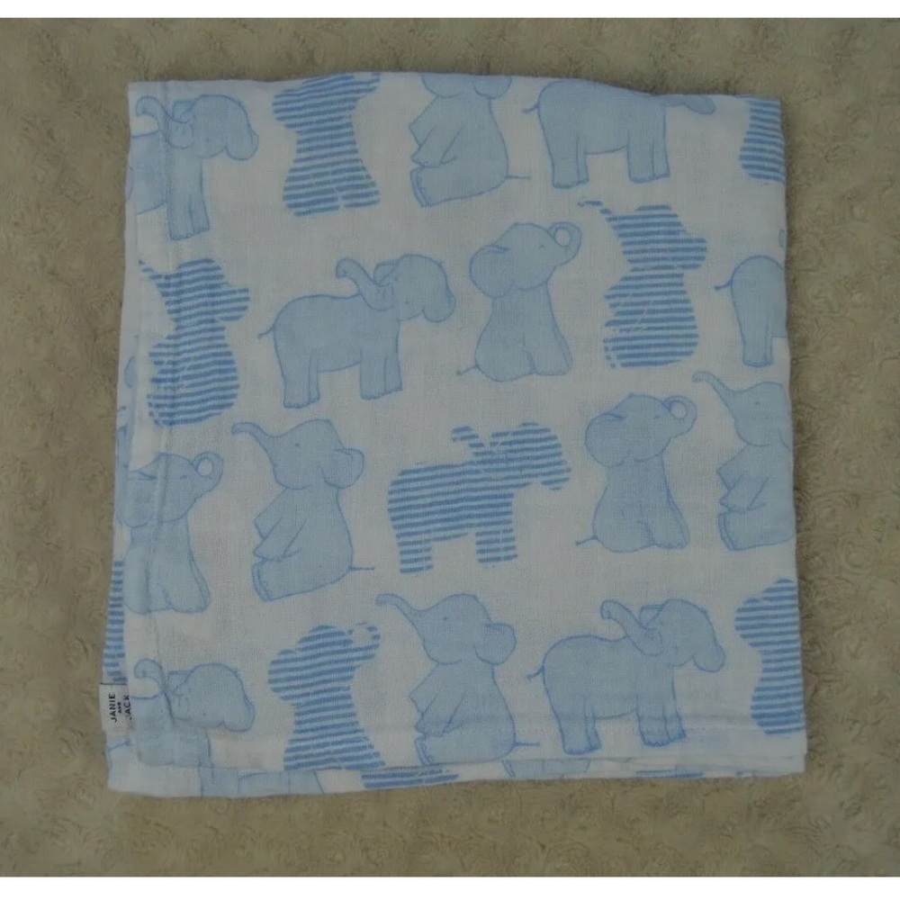 Janie and Jack Blue White Elephant Baby Swaddle Blanket Muslin Stripes Cotton